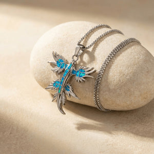 Blue Dragon Opal Necklace, a Glaucus atlanticus pendant in stainless steel set with blue and green opal